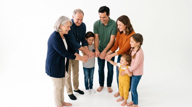 Multi generational family joining hands in unity and togetherness on a white background