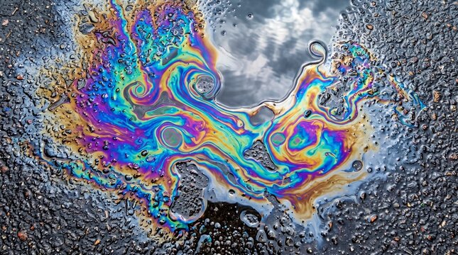 Colorful oil slick on asphalt with rainbow iridescence for abstract backgrounds.