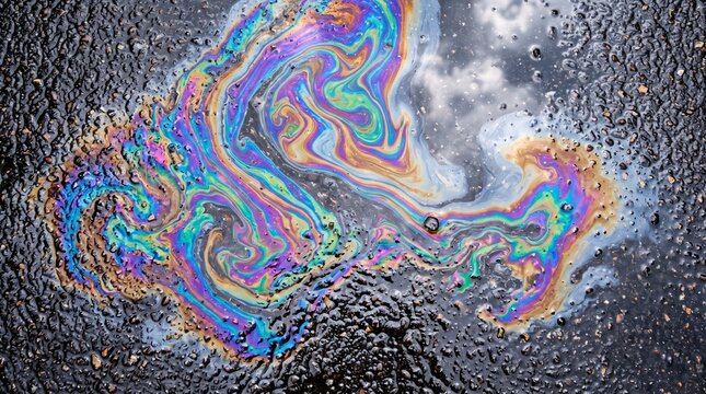 Oil slick rainbow pattern on wet asphalt with sky reflection for backgrounds.