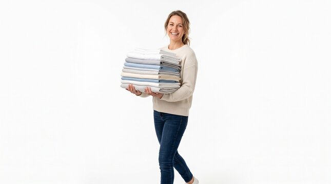 Smiling woman holding a large stack of neatly folded linens and bedding in various blue and white patterns