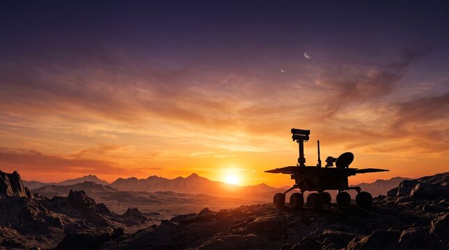 Mars rover explores alien planet landscape at sunset with two moons in the sky
