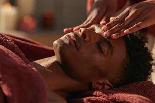 Calm young man receiving facial massage in spa with warm towels and candlelight for wellness poster and skincare treatment background