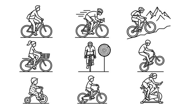 Cycling and bicycle sports line icons set with mountain biking racing commuter and stationary exercise vector