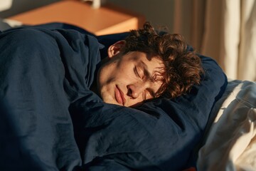 Fototapeta premium Young man wrapped in navy bedding sleeping with sunlight on face for calm bedroom background and wellness banner design