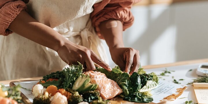A woman prepares fresh salmon and vegetables for a healthy meal, featuring a visible glucose monitor for insulin resistance management education