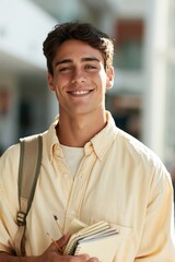 Obraz premium Confident young man in light yellow shirt holding notebooks for university student lifestyle portrait and banner design