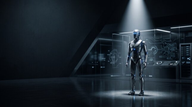 Futuristic humanoid robot standing in a high tech laboratory with holographic displays and server racks