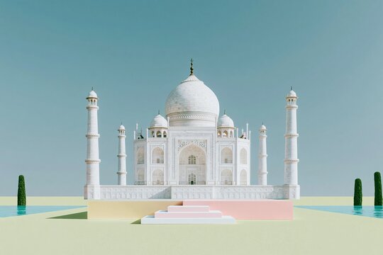 A domed marble mausoleum with smooth stone texture at dusk, featuring a serene reflection pool and airy pastel tones for travel and heritage branding