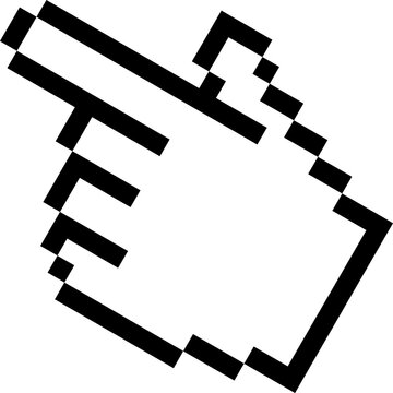 Pixelated hand pointer cursor icon for web interface, retro 8-bit pixel art vector icon, pointing hand for user interfaces