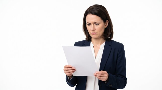 Businesswoman frowning while reading a document with a confused expression on her face