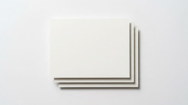 A top view of three blank white rectangular paper sheets stacked neatly on a clean light gray background for design presentation