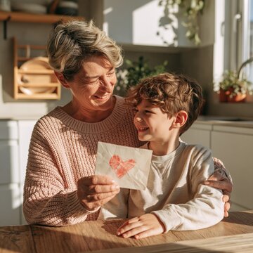 Grandmother and grandson holding a handmade heart card for family love greeting card background and banner design in a warm kitchen setting