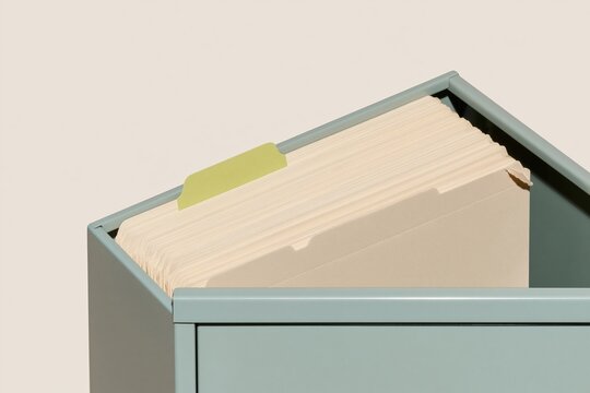 A single green file tab stands out from a row of cream manila folders in an open metal cabinet with copy space for estate planning and legal services