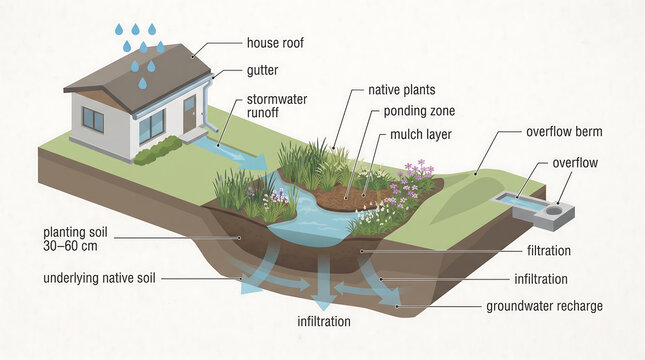 Cross section infographic of home rain garden demonstrating stormwater management process through natural soil infiltration and native plant filtration to recharge groundwater.