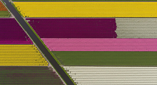 Aerial view of colorful tulip flower fields in spring with a narrow country road