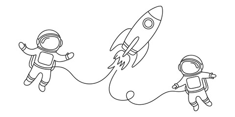 Two cute astronauts floating in space with a flying rocket ship in a line art style © PULOK