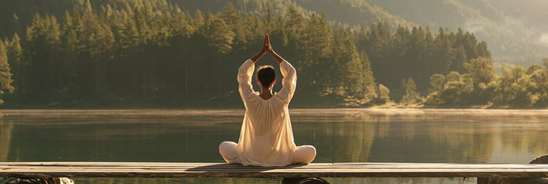 Woman seated on a pier doing yoga meditation facing a tranquil lake and forest for mindfulness background and retreat poster
