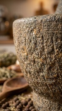 Ancient stone mortar stands in warm, dim light