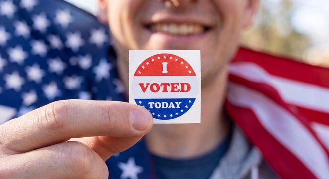 Smiling man holding i voted today sticker with american flag draped over his shoulders outdoors with close camera national holding circular with close