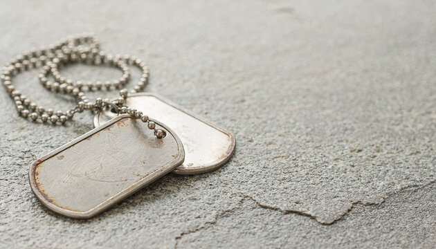 Worn Military Dog Tags on Rough Stone Surface