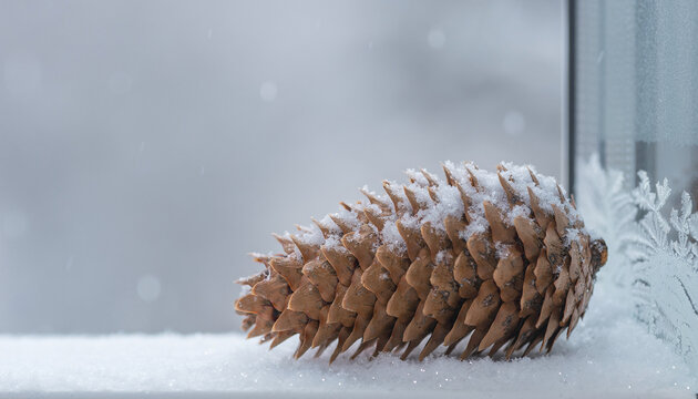 Pine Cone on Snowy Windowsill with Frost