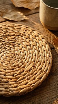 Cozy woven mat rests on rustic wooden surface