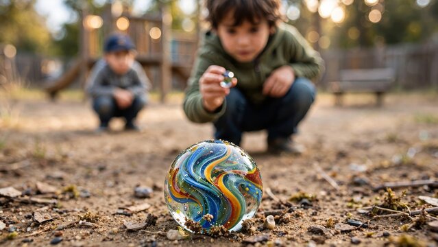 Child squatting outdoors, playing with a large, colorful glass marble.
