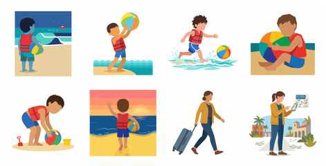 Fototapeta premium Flat vector illustration set of children playing at the beach and travelers on summer vacation