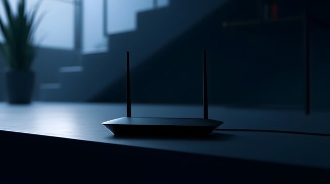 A sleek black wireless router sits on a wooden surface in a dimly lit modern interior space