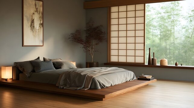 A serene Japanese style bedroom featuring a low wooden bed  shoji screen window  and tranquil bamboo forest view