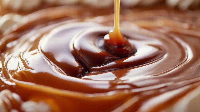 Golden Caramel Drizzle Flowing Over Delicious Creamy Dessert