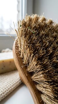 Natural wood brush with coarse, tan bristles