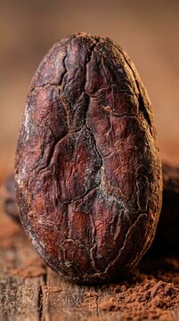 Ripe cocoa pod rests on weathered wood