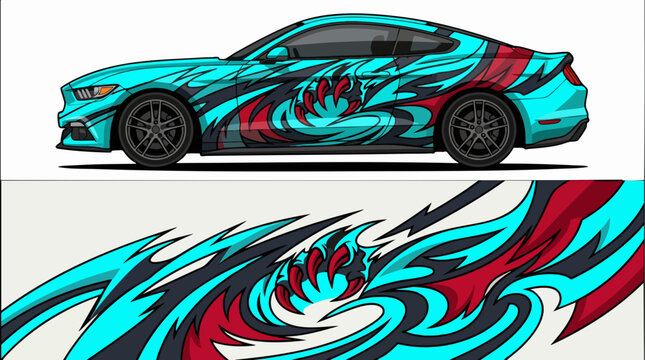 Turquoise sports car with dynamic flame and wave decals
