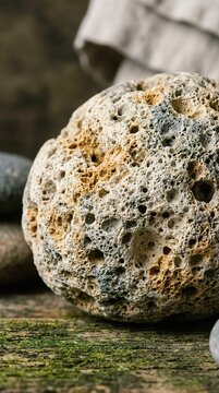 Rough stone with holes rests on mossy ground