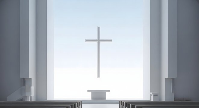 Christian cross inside a bright modern church interior