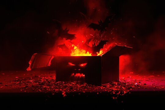 Carved cardboard box with a monster face glowing red as bat silhouettes fly out for a dramatic Halloween product reveal background