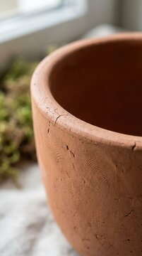Terracotta pot rests near window light