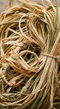 Tangled strands of dried plant fibers twist together