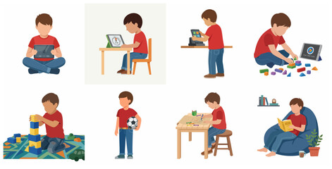 Fototapeta premium Set of little boy illustrations performing different activities such as playing with blocks, using a tablet, drawing, reading, and holding a soccer ball.