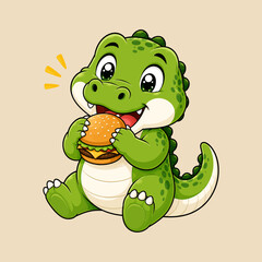 Fototapeta premium Cute Baby Crocodile Enjoys Eating a Delicious Burger