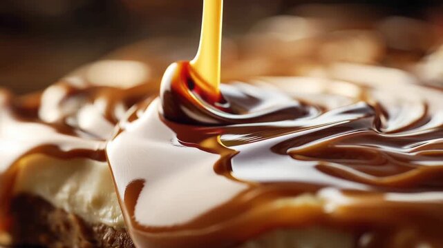 Rich Caramel Sauce Pouring Over Creamy Dessert in Extreme Close Up