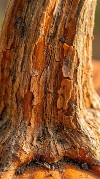 Weathered bark shows deep cracks and rich amber tones