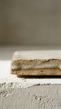 Weathered tile rests on rough concrete surface
