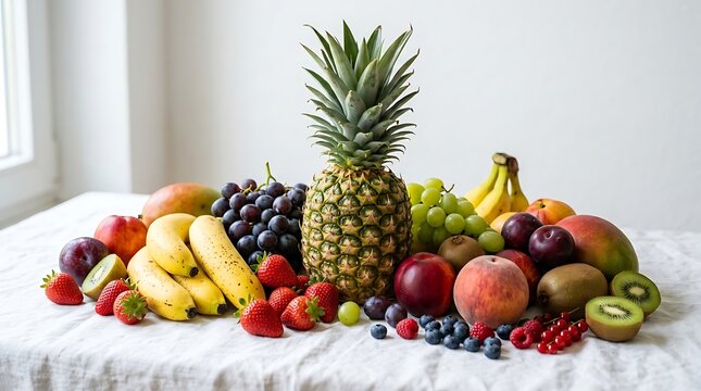 Assorted fresh tropical and temperate fruits arranged beautifully on a light cloth for healthy eating inspiration