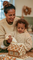 Fototapeta premium A South Asian mother and daughter decorating a gingerbread house together with white icing for holiday baking and family traditions