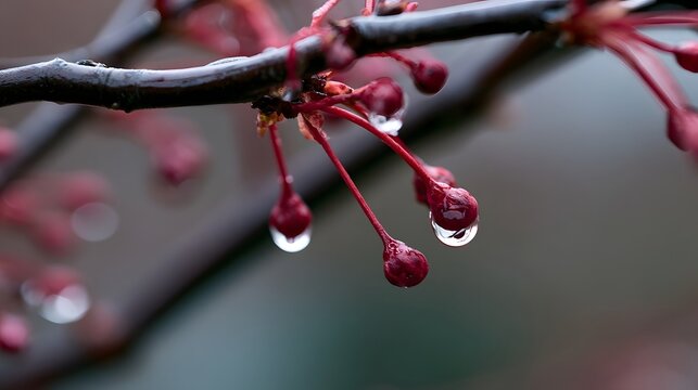 Close up of cherry blossom buds with water droplets clinging to red stems against a blurred natural background
