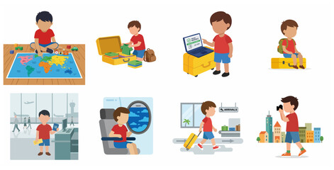 Fototapeta premium Set of flat vector illustrations depicting a boy's travel journey including packing, airport procedures, flying, and sightseeing.