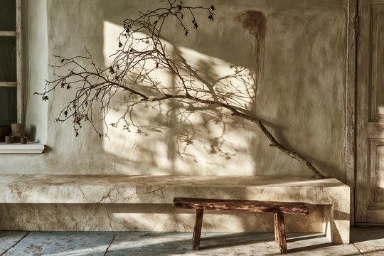 Empty stone ledge in a sunlit room with tree branch shadows on a textured plaster wall for product display background and mockup