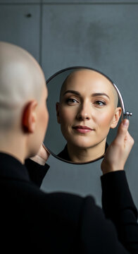 Woman with bald head looking in mirror, symbolizing self-reflection, acceptance, and empowerment in a modern, minimalist setting